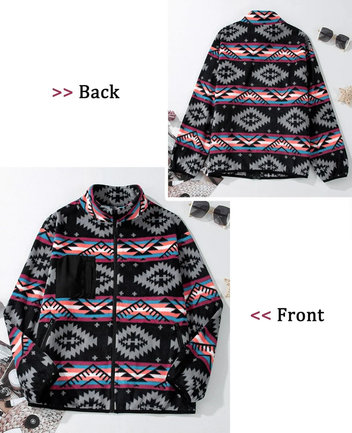 SELINK Fleece Jacket Women Full Zip Western Aztec Print Button Down Coat with Pockets Casual Warm Outwear 2024