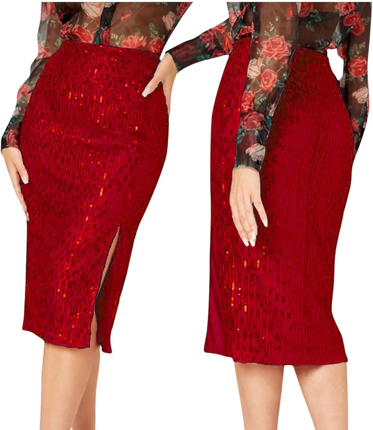 Sequin Skirts for Women Bodycon High Waist Slit Midi Skirt Cocktail Party Nightclub Sparkly Knee Length Skirt