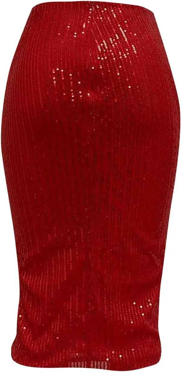 Sequin Skirts for Women Bodycon High Waist Slit Midi Skirt Cocktail Party Nightclub Sparkly Knee Length Skirt