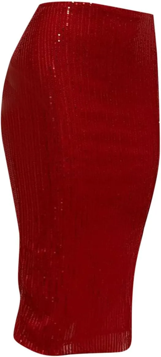 Sequin Skirts for Women Bodycon High Waist Slit Midi Skirt Cocktail Party Nightclub Sparkly Knee Length Skirt