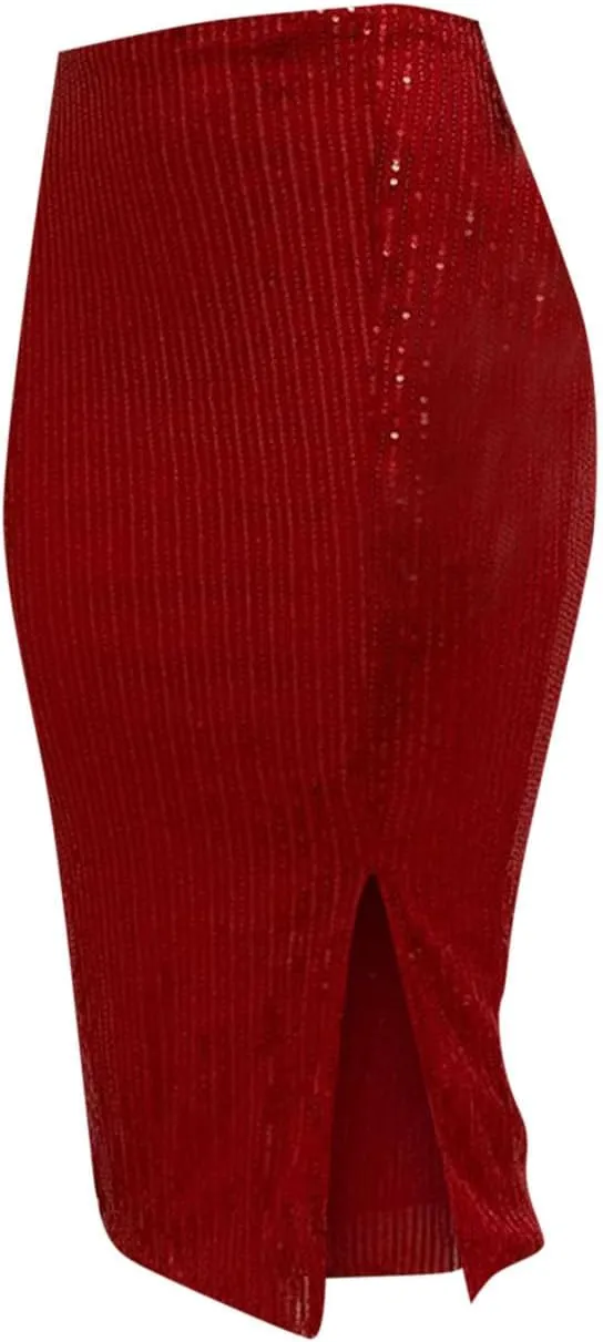Sequin Skirts for Women Bodycon High Waist Slit Midi Skirt Cocktail Party Nightclub Sparkly Knee Length Skirt