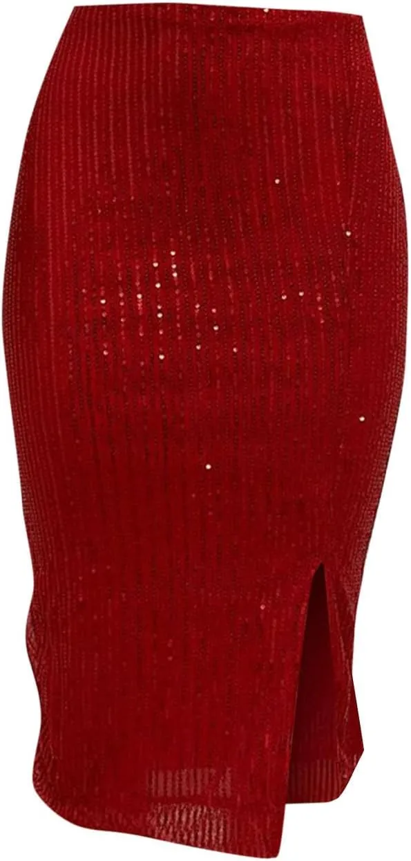 Sequin Skirts for Women Bodycon High Waist Slit Midi Skirt Cocktail Party Nightclub Sparkly Knee Length Skirt