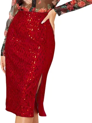 Sequin Skirts for Women Bodycon High Waist Slit Midi Skirt Cocktail Party Nightclub Sparkly Knee Length Skirt