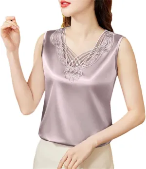 Sexy Beaded Lace Camisole Spring Summer Women Silk Satin Vest Sleeveless Inner Tank Tops