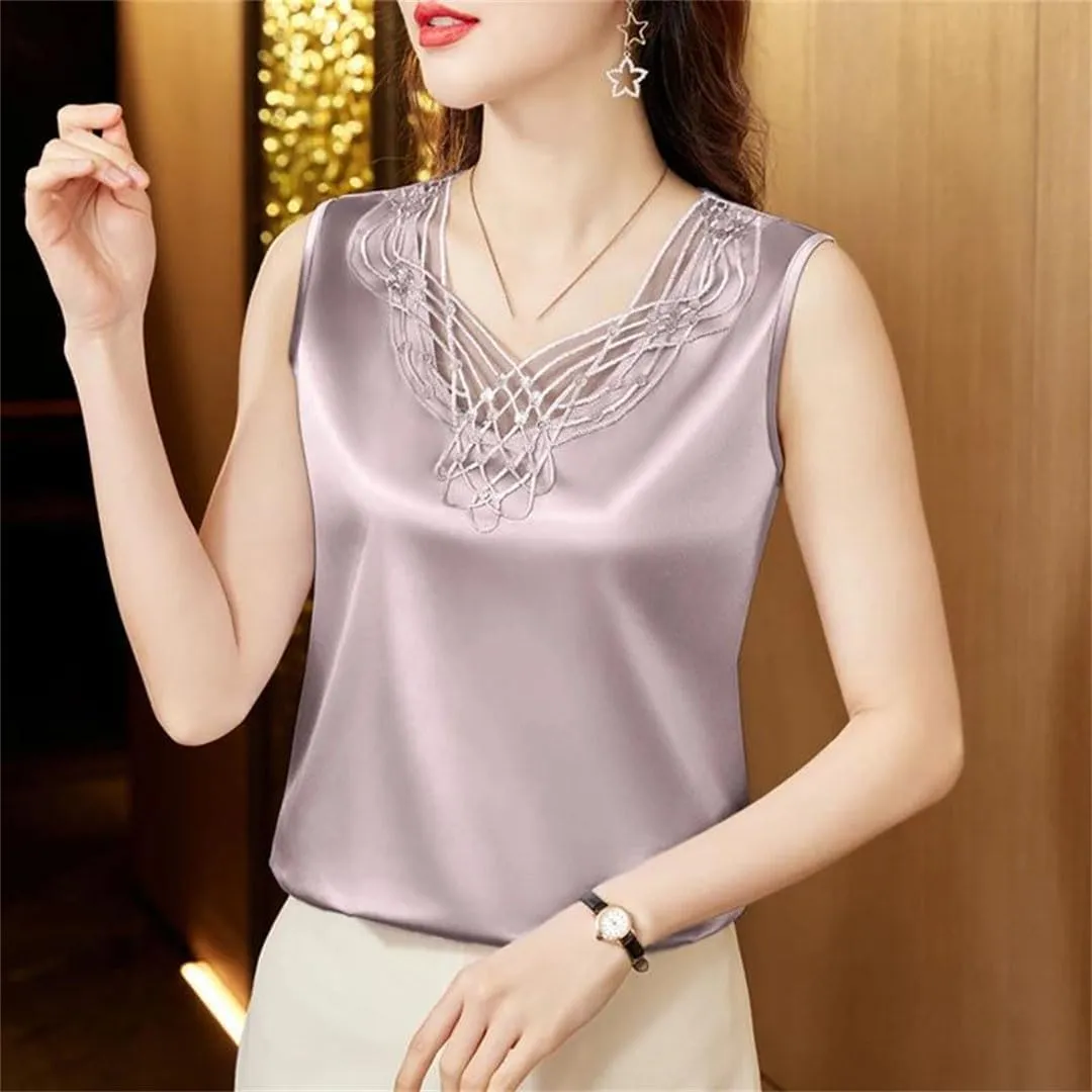 Sexy Beaded Lace Camisole Spring Summer Women Silk Satin Vest Sleeveless Inner Tank Tops