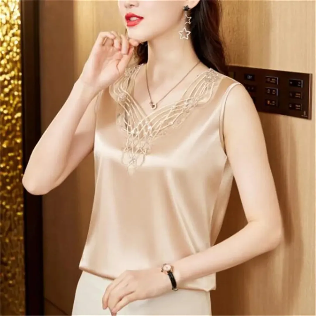 Sexy Beaded Lace Camisole Spring Summer Women Silk Satin Vest Sleeveless Inner Tank Tops