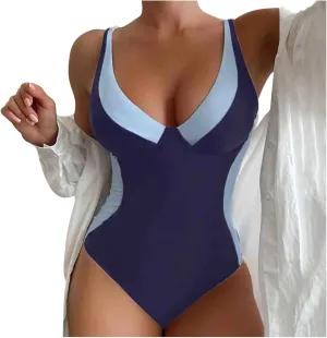 Sexy One Piece Monokinis Bathing Suit Slimming Tummy Control V Neck Swimwear Womens Color Block Sexy Swimsuits