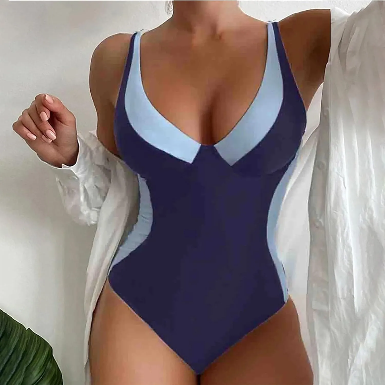 Sexy One Piece Monokinis Bathing Suit Slimming Tummy Control V Neck Swimwear Womens Color Block Sexy Swimsuits