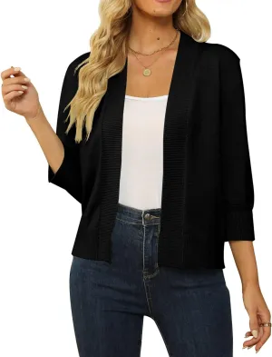 Shermia Women's 3/4 Sleeve Cropped Cardigan Sweater Open Front Short Shrugs Cardigans Lightweight Sweaters Black