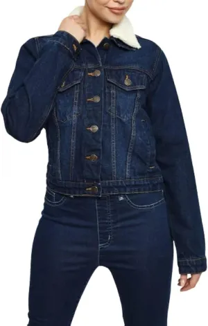 Sherpa Lined Denim Jacket for Women - Removable Collar Trucker Style womens jean jacket - Regular Fit 100% Cotton