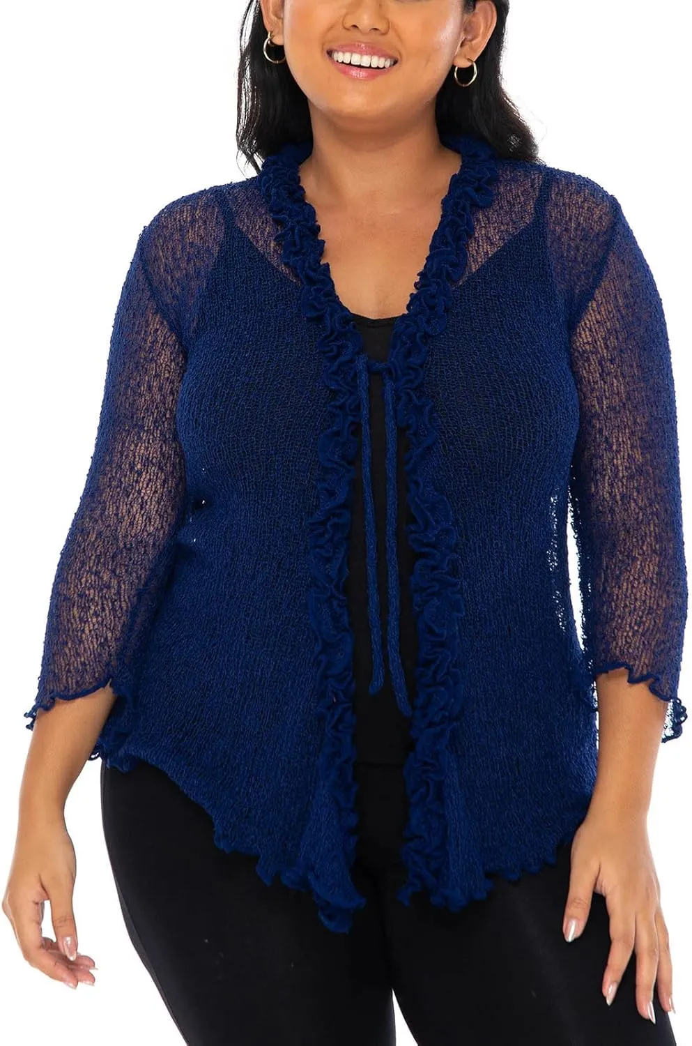 SHU-SHI Womens Plus Size Ruffle Shrug Tie Top Open Front Cardigan Lightweight Knit XL 2X 3X 4X Bolero Sweater