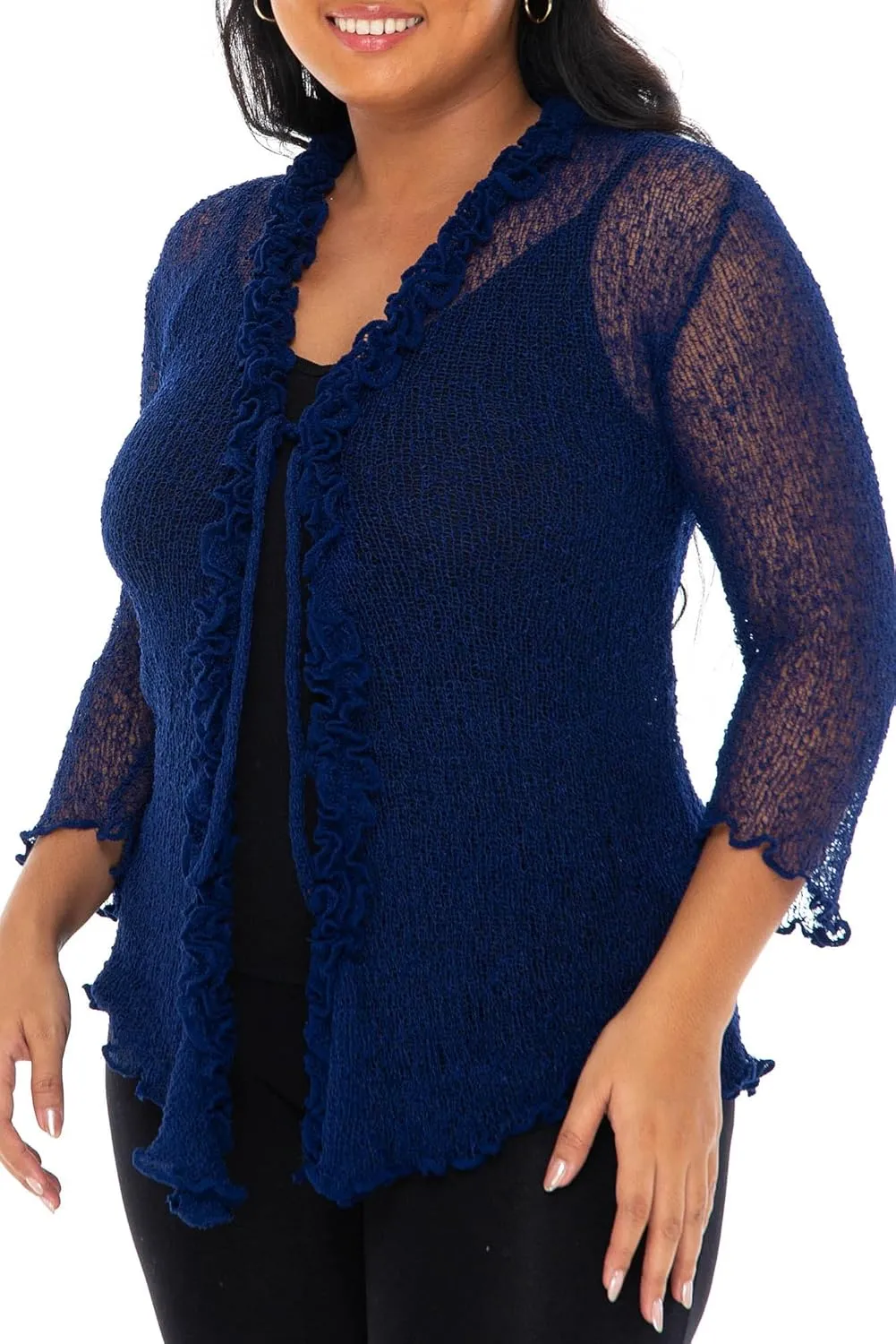 SHU-SHI Womens Plus Size Ruffle Shrug Tie Top Open Front Cardigan Lightweight Knit XL 2X 3X 4X Bolero Sweater