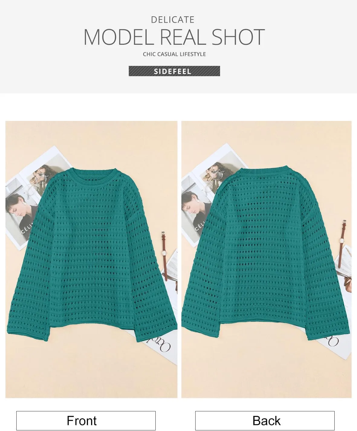 Sidefeel Womens Sweaters Lightweight Casual Long Sleeve Loose Crochet Hollow Out Knit Pullover Tops Clothing