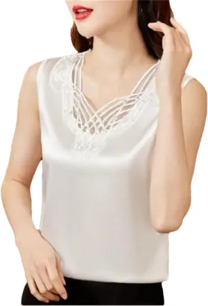 Sleeveless Beaded Camisole Vest for Women Fashion Summer Tank Tops Patchwork Casual Silk Satin Camis