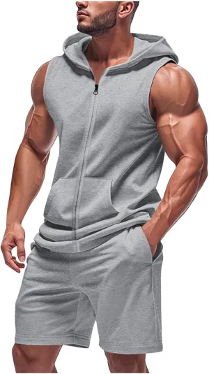 Sleeveless Hoodies for Men Zip Up 2 Piece Set Outfits Workout Hoodie Shorts Hooded Tank Tops Gym Tracksuit Sweatsuits