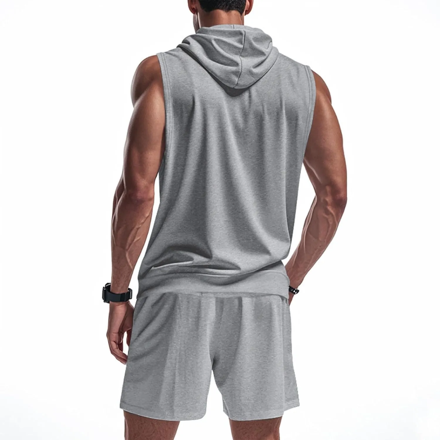 Sleeveless Hoodies for Men Zip Up 2 Piece Set Outfits Workout Hoodie Shorts Hooded Tank Tops Gym Tracksuit Sweatsuits