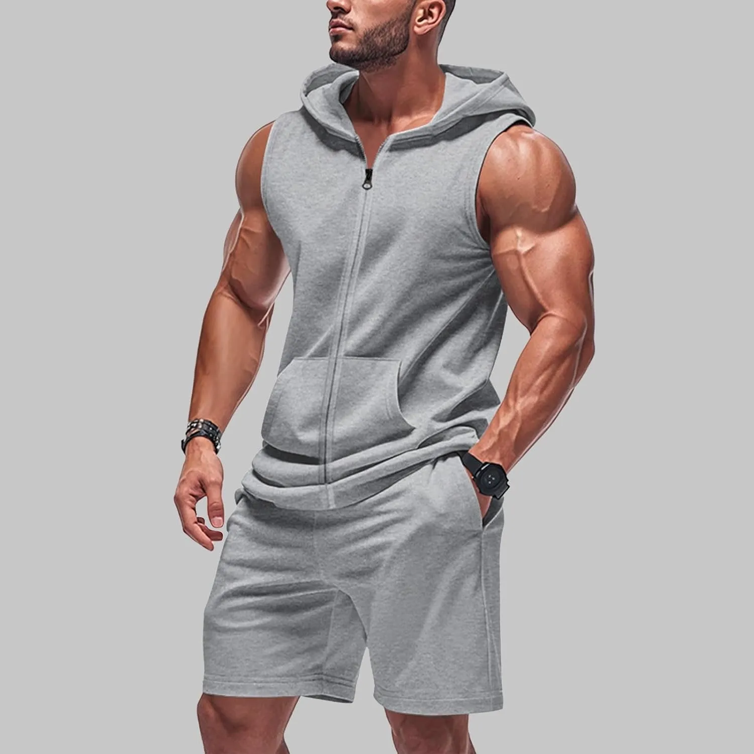 Sleeveless Hoodies for Men Zip Up 2 Piece Set Outfits Workout Hoodie Shorts Hooded Tank Tops Gym Tracksuit Sweatsuits