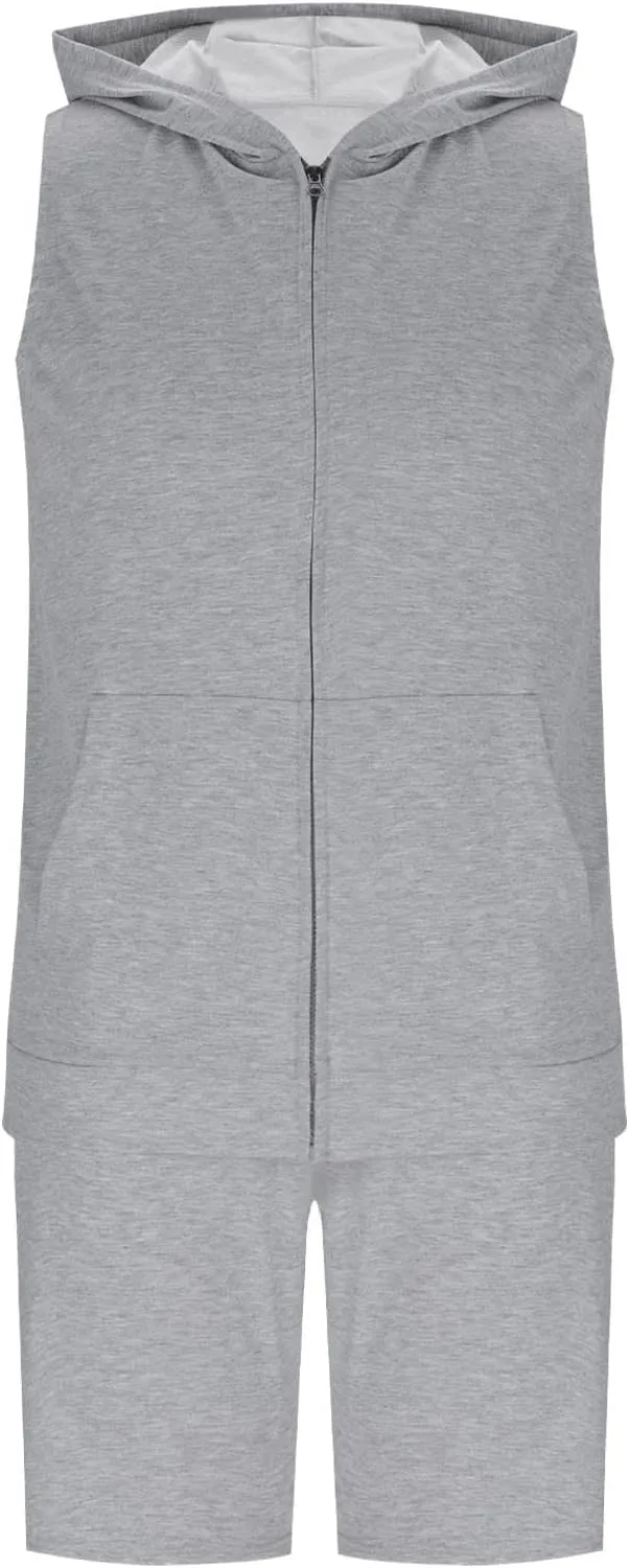 Sleeveless Hoodies for Men Zip Up 2 Piece Set Outfits Workout Hoodie Shorts Hooded Tank Tops Gym Tracksuit Sweatsuits