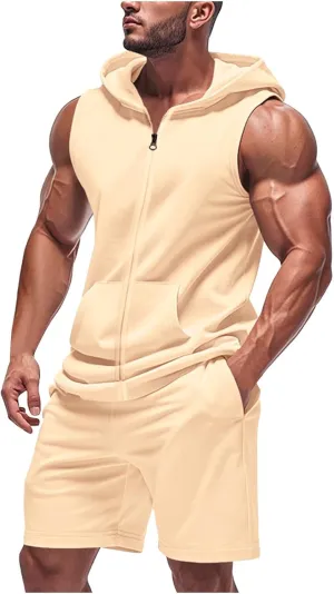 Sleeveless Hoodies for Men Zip Up 2 Piece Set Outfits Workout Hoodie Shorts Hooded Tank Tops Gym Tracksuit Sweatsuits