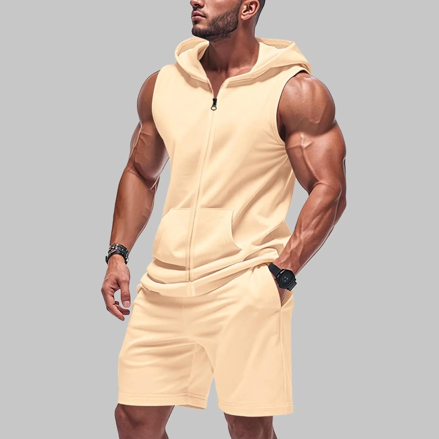 Sleeveless Hoodies for Men Zip Up 2 Piece Set Outfits Workout Hoodie Shorts Hooded Tank Tops Gym Tracksuit Sweatsuits
