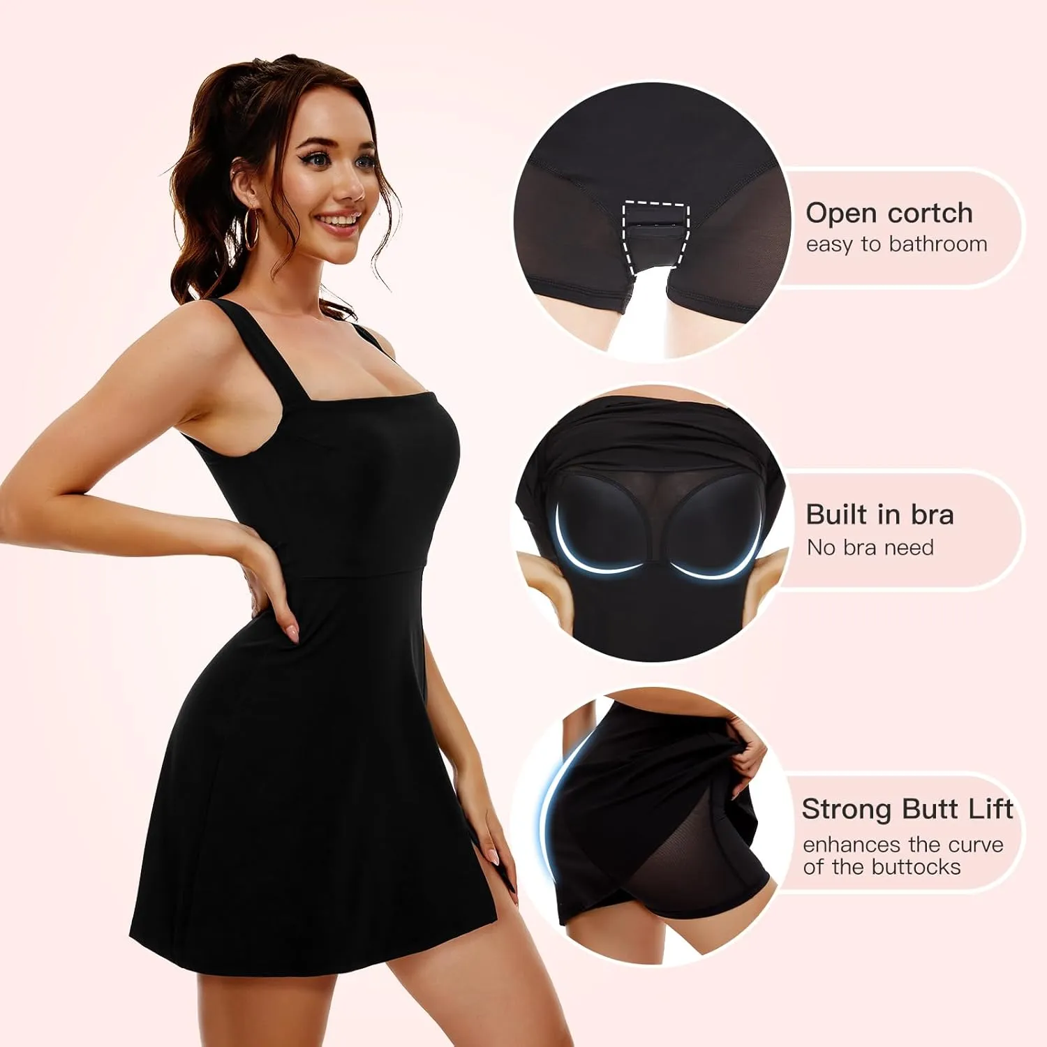 Slimers Women Mini Shaper Dress - Square Neck Dresses Built in Shapewear - Sleeveless Black Tank Top Dress with Short