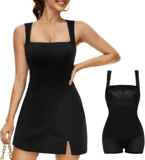 Slimers Women Mini Shaper Dress - Square Neck Dresses Built in Shapewear - Sleeveless Black Tank Top Dress with Short