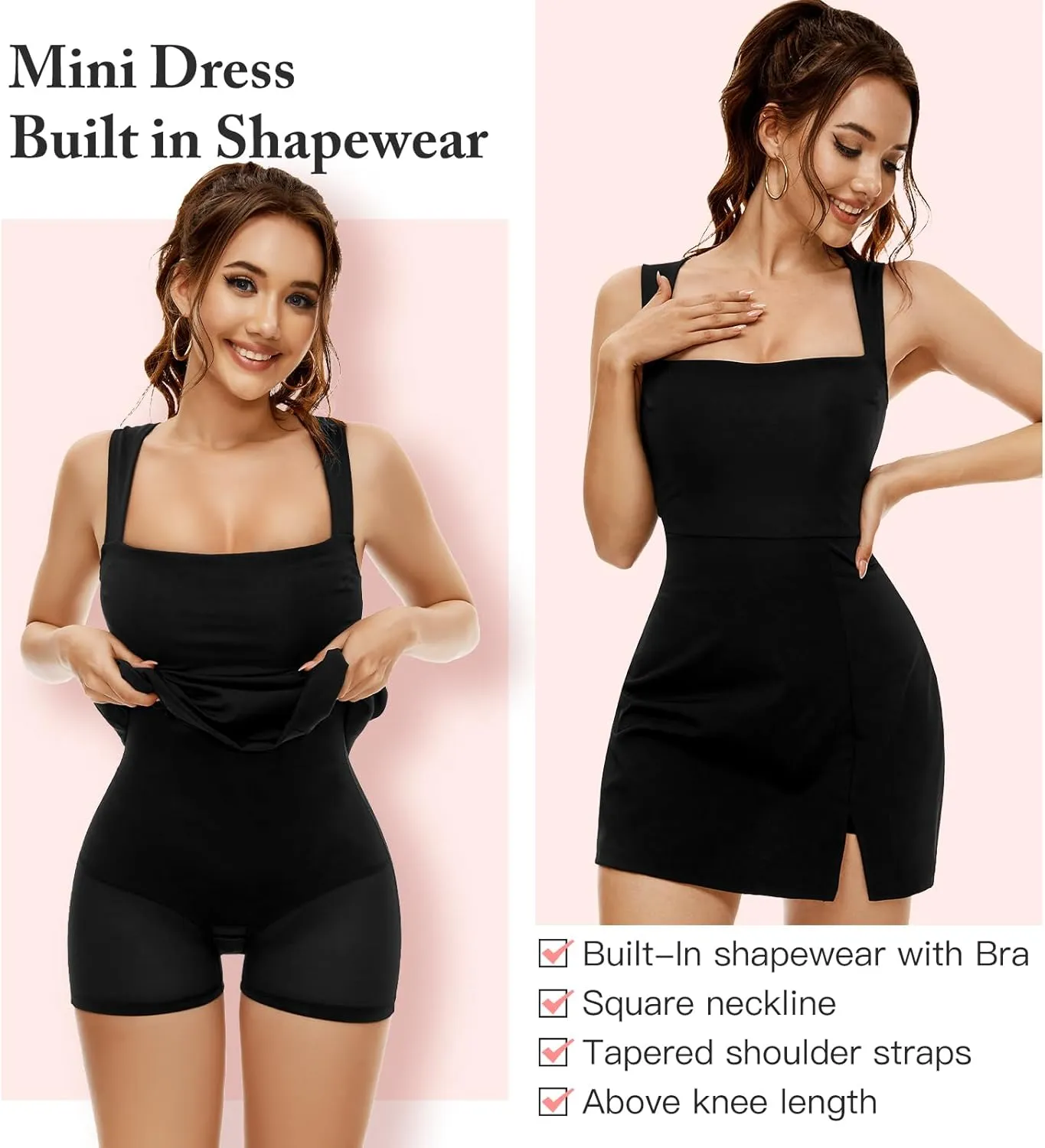 Slimers Women Mini Shaper Dress - Square Neck Dresses Built in Shapewear - Sleeveless Black Tank Top Dress with Short