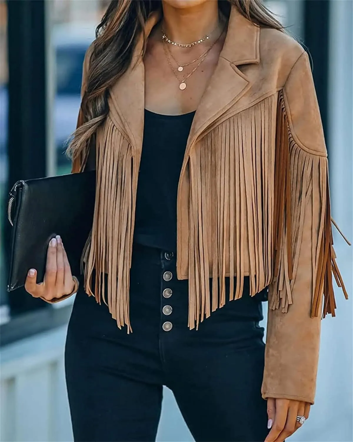 Smoneyful Womens Faux Suede Fringe Jacket Long Sleeve Slim Tassel Motorcycle Jacket Cropped Faux Leather Jacket with Tassles