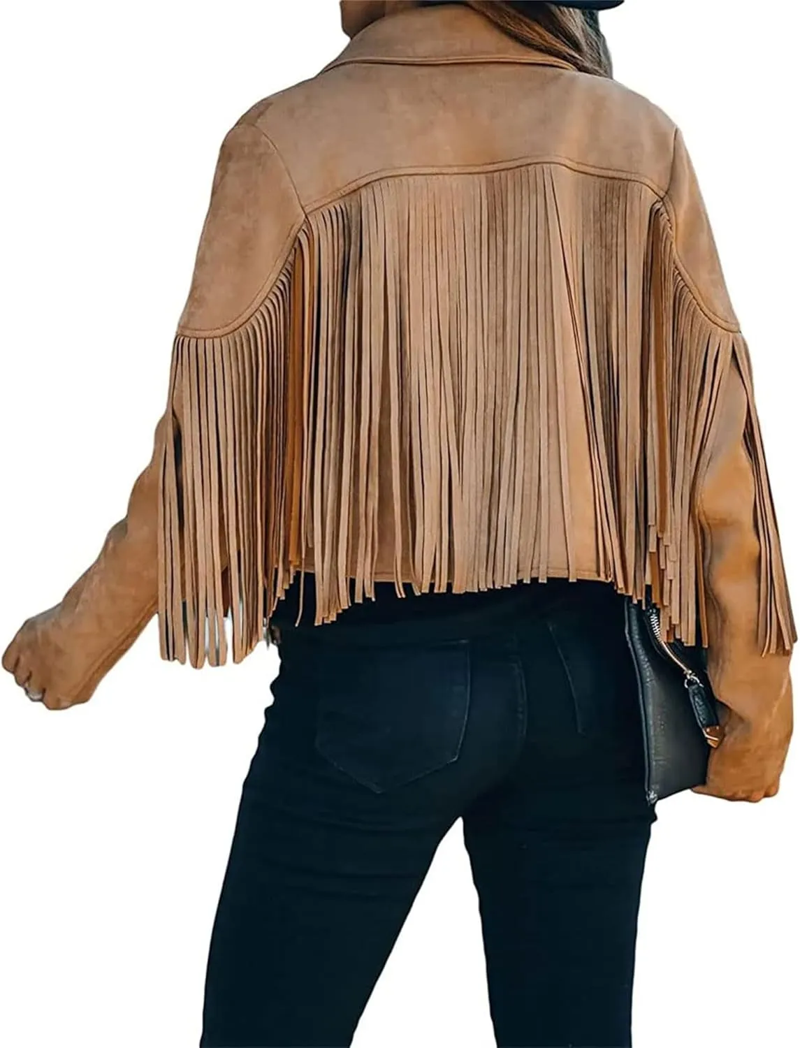 Smoneyful Womens Faux Suede Fringe Jacket Long Sleeve Slim Tassel Motorcycle Jacket Cropped Faux Leather Jacket with Tassles
