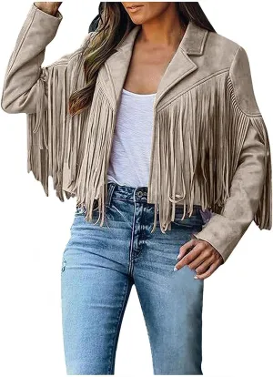 Smoneyful Womens Faux Suede Fringe Jacket Long Sleeve Slim Tassel Motorcycle Jacket Cropped Faux Leather Jacket with Tassles