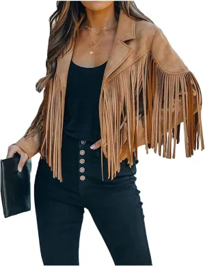 Smoneyful Womens Faux Suede Fringe Jacket Long Sleeve Slim Tassel Motorcycle Jacket Cropped Faux Leather Jacket with Tassles