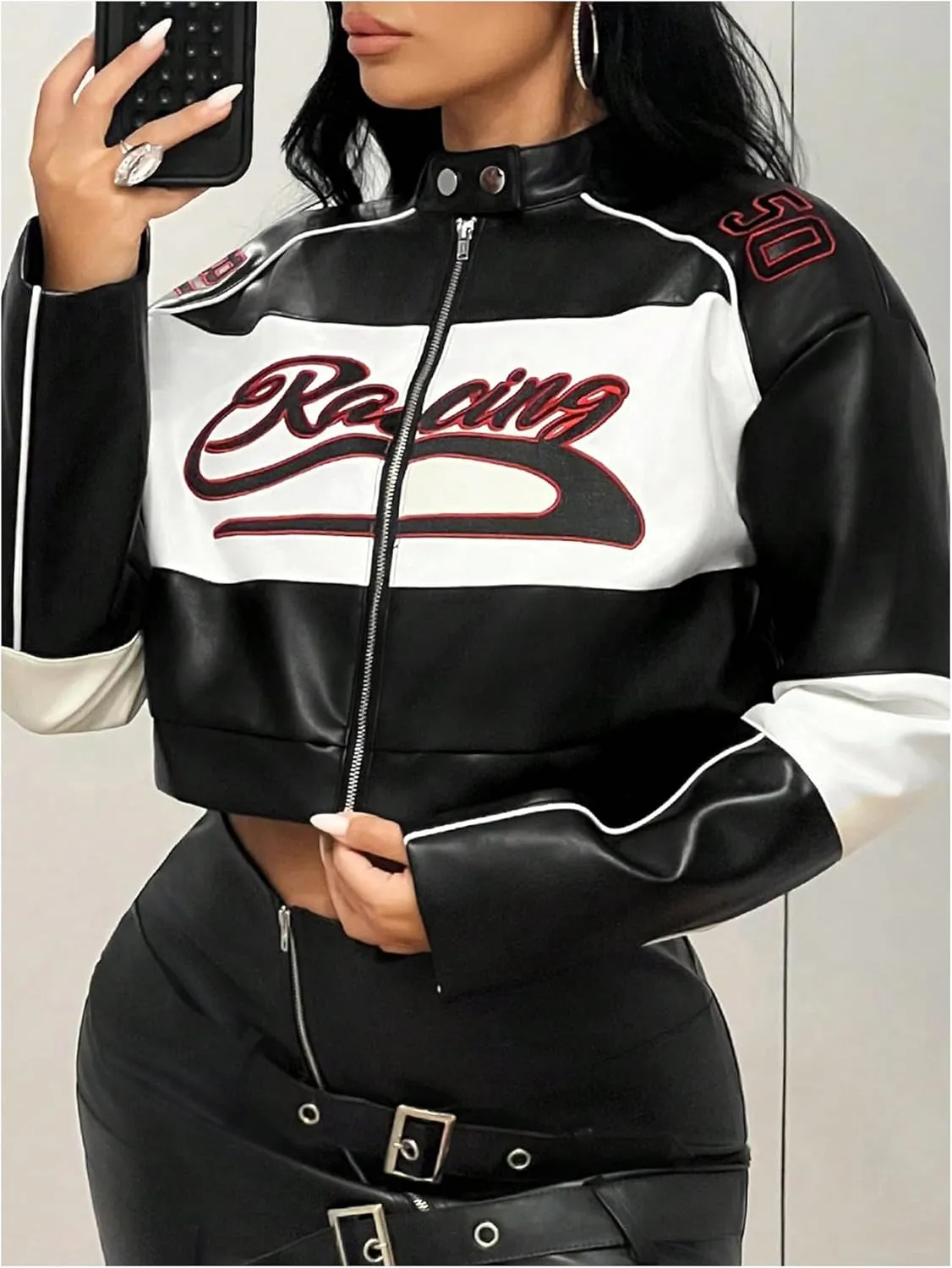 SOLY HUX Women's Faux Leather Zip Up Crop Jackets Graphic Long Sleeve Shirts Motorcycle Outerwear