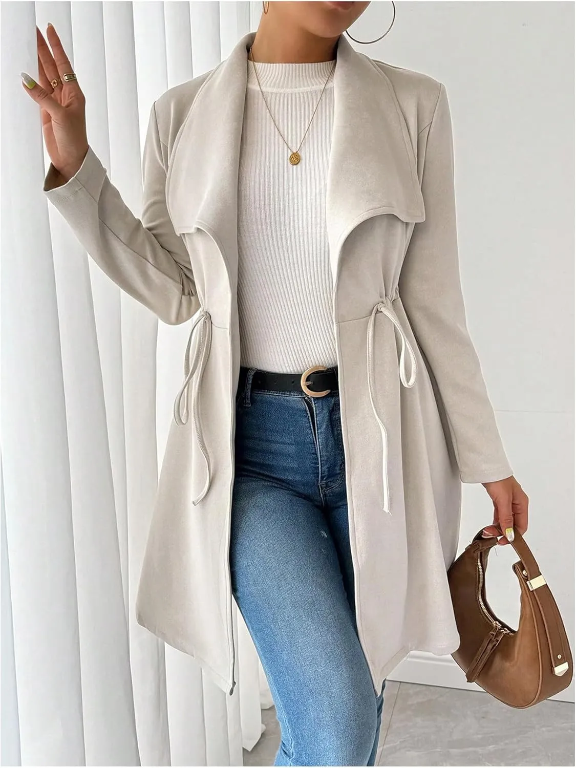 SOLY HUX Women's Open Front Lapel Collar Trench Coat Drawstring Waist Long Sleeve Elegant Coat Outerwear