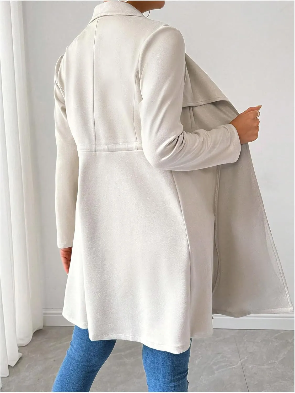 SOLY HUX Women's Open Front Lapel Collar Trench Coat Drawstring Waist Long Sleeve Elegant Coat Outerwear