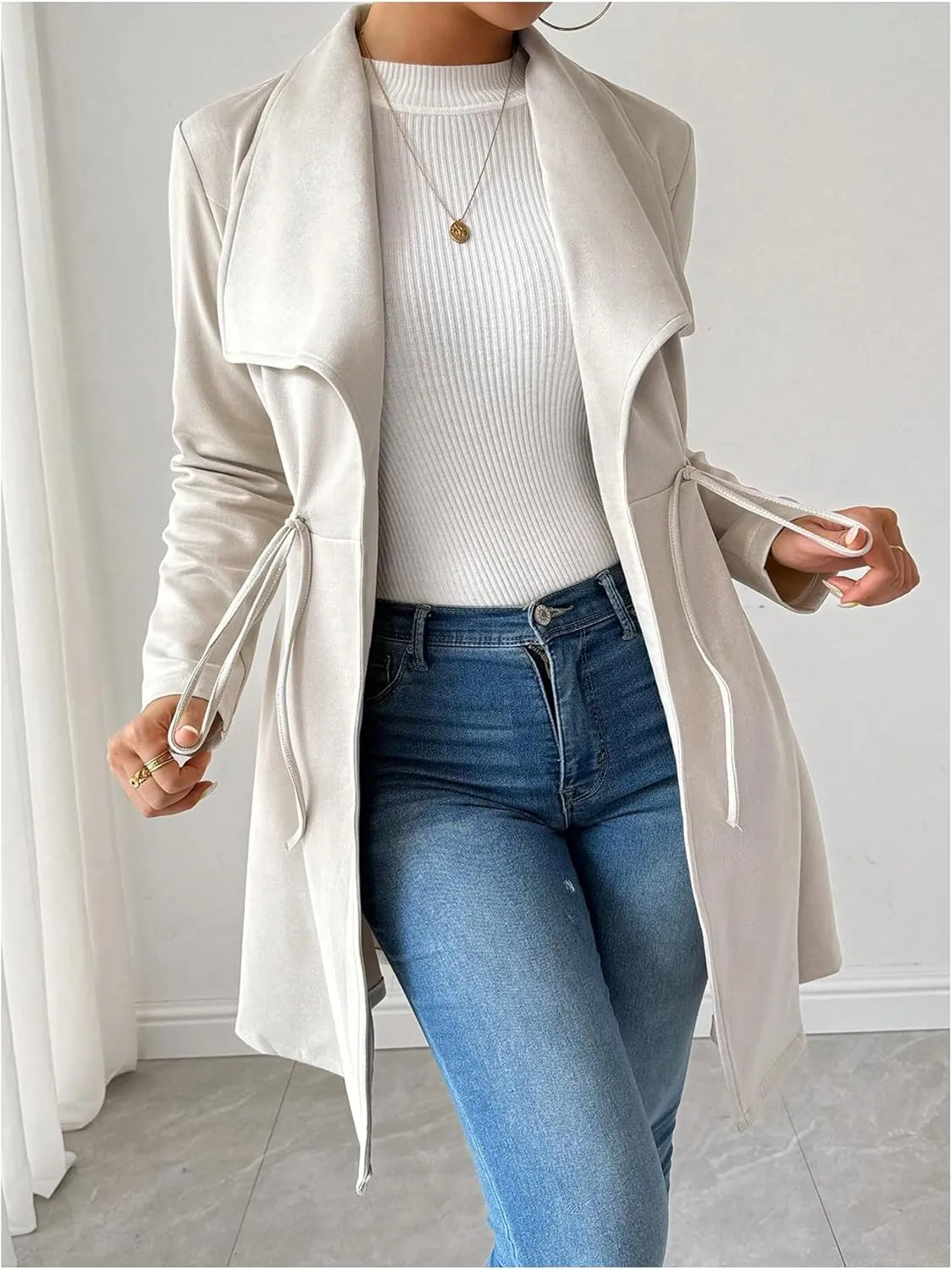 SOLY HUX Women's Open Front Lapel Collar Trench Coat Drawstring Waist Long Sleeve Elegant Coat Outerwear