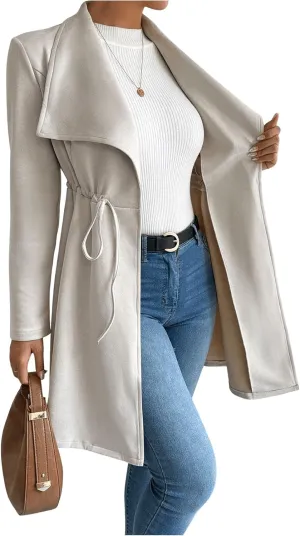 SOLY HUX Women's Open Front Lapel Collar Trench Coat Drawstring Waist Long Sleeve Elegant Coat Outerwear