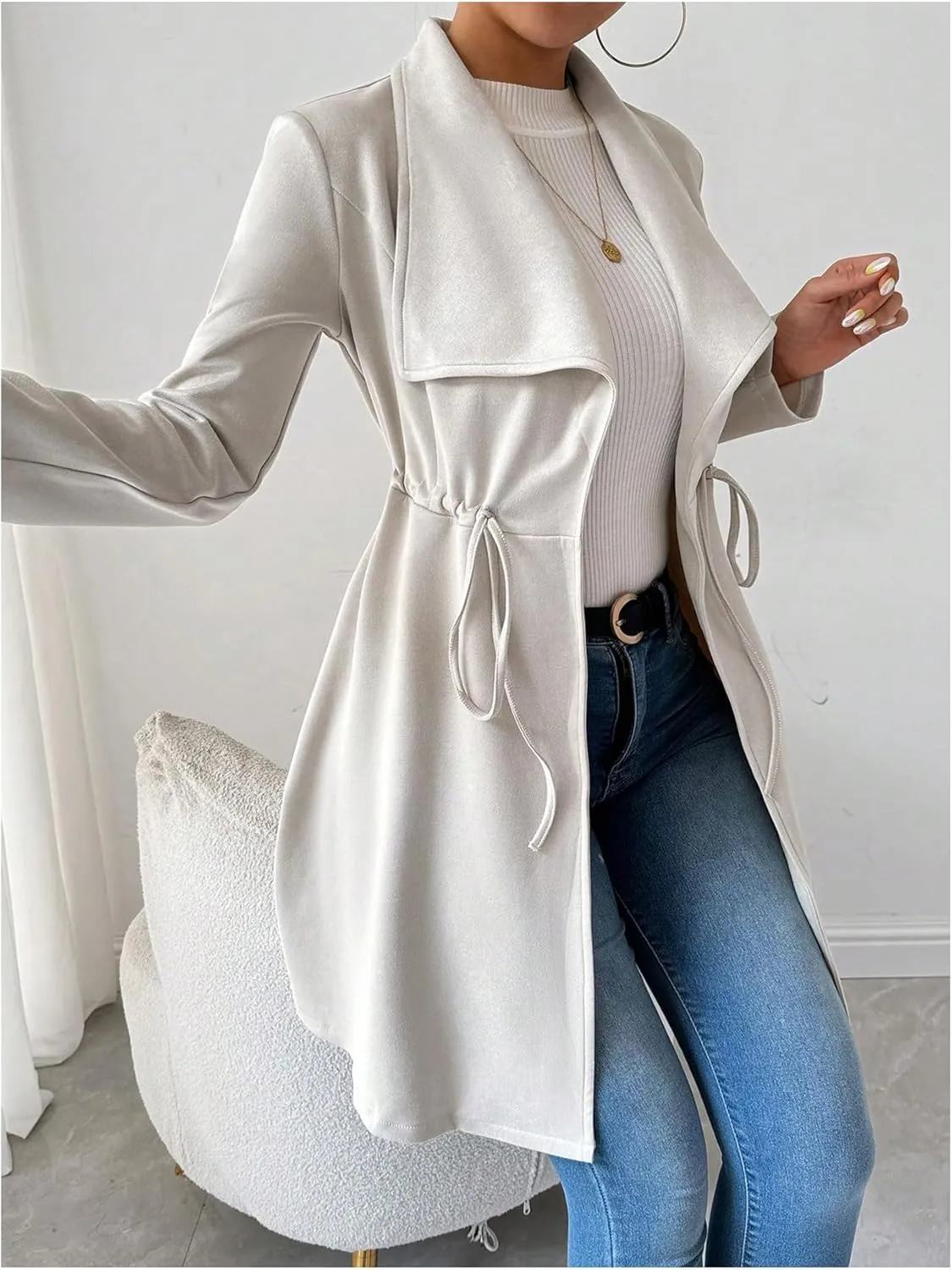 SOLY HUX Women's Open Front Lapel Collar Trench Coat Drawstring Waist Long Sleeve Elegant Coat Outerwear