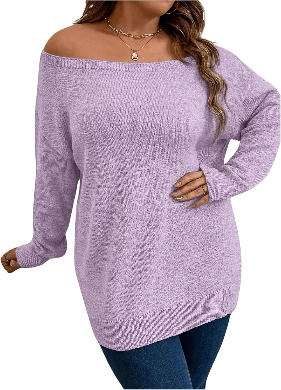 SOLY HUX Women's Plus Size Sweater Off Shoulder Long Sleeve Fall Sweaters Loose Lightweight Pullover Tunic Tops