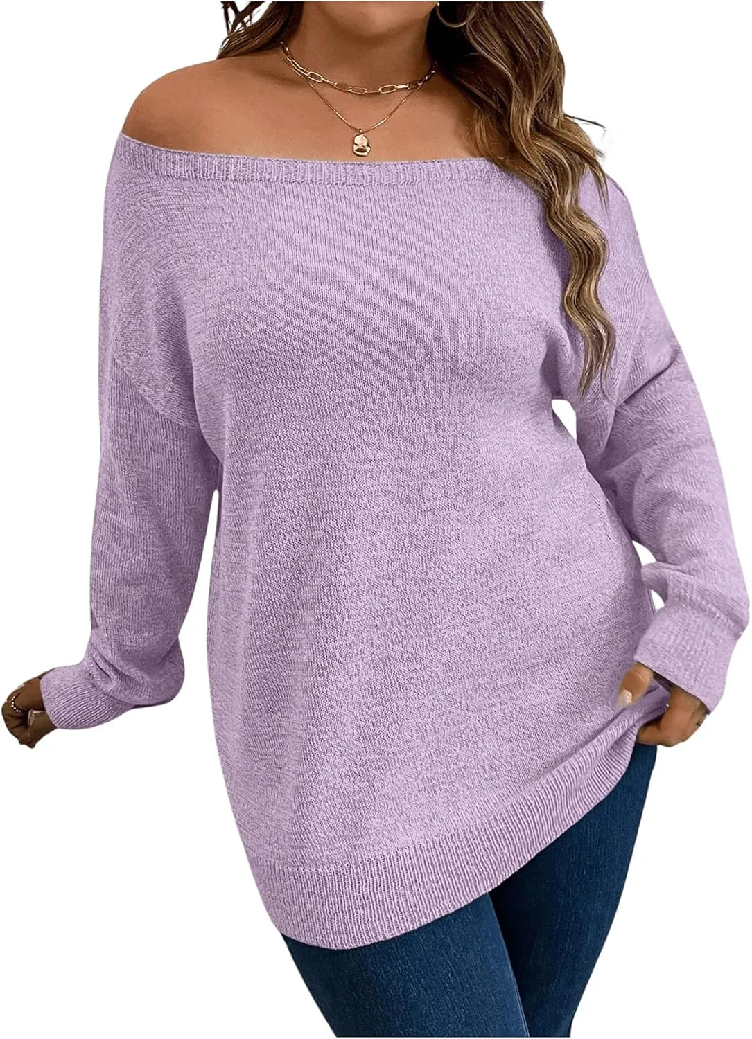 SOLY HUX Women's Plus Size Sweater Off Shoulder Long Sleeve Fall Sweaters Loose Lightweight Pullover Tunic Tops