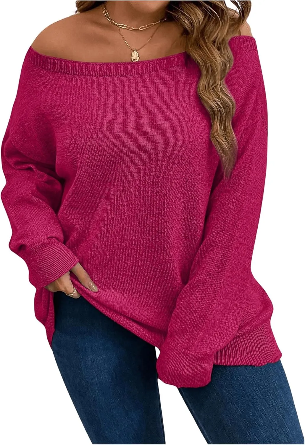 SOLY HUX Women's Plus Size Sweater Off Shoulder Long Sleeve Fall Sweaters Loose Lightweight Pullover Tunic Tops