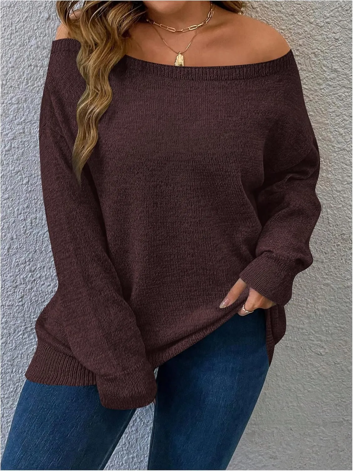 SOLY HUX Women's Plus Size Sweater Off Shoulder Long Sleeve Fall Sweaters Loose Lightweight Pullover Tunic Tops