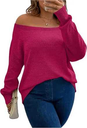SOLY HUX Women's Plus Size Sweater Off Shoulder Long Sleeve Fall Sweaters Loose Lightweight Pullover Tunic Tops