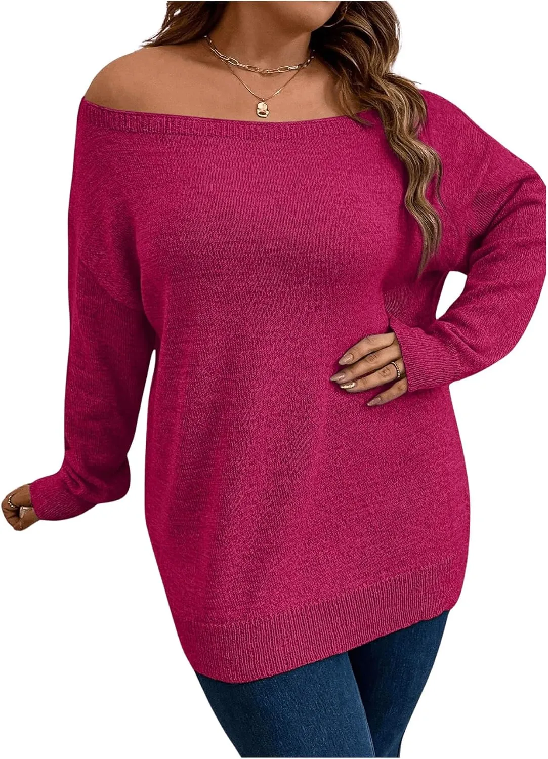 SOLY HUX Women's Plus Size Sweater Off Shoulder Long Sleeve Fall Sweaters Loose Lightweight Pullover Tunic Tops
