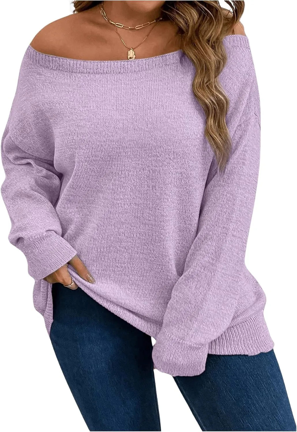 SOLY HUX Women's Plus Size Sweater Off Shoulder Long Sleeve Fall Sweaters Loose Lightweight Pullover Tunic Tops