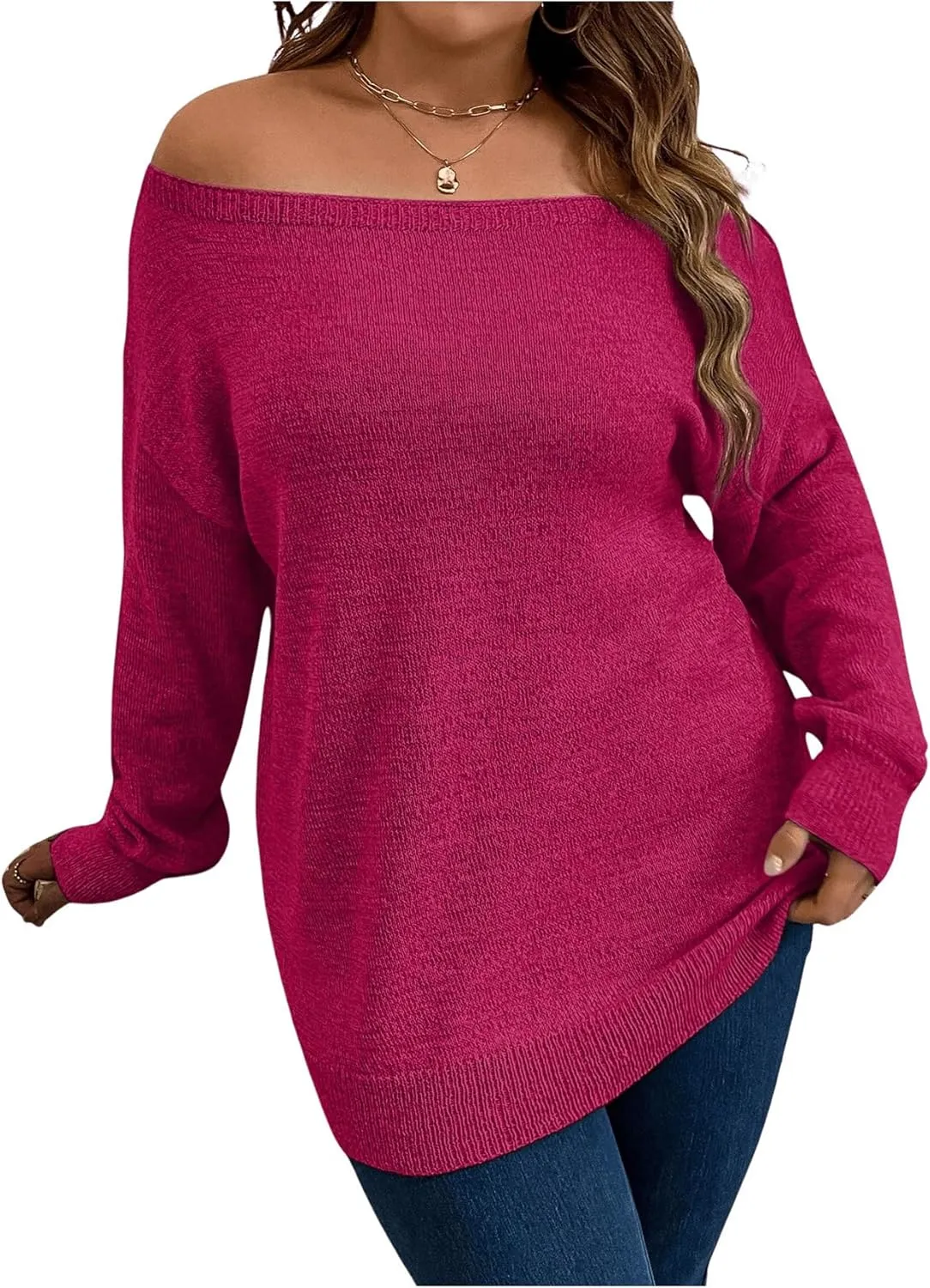 SOLY HUX Women's Plus Size Sweater Off Shoulder Long Sleeve Fall Sweaters Loose Lightweight Pullover Tunic Tops
