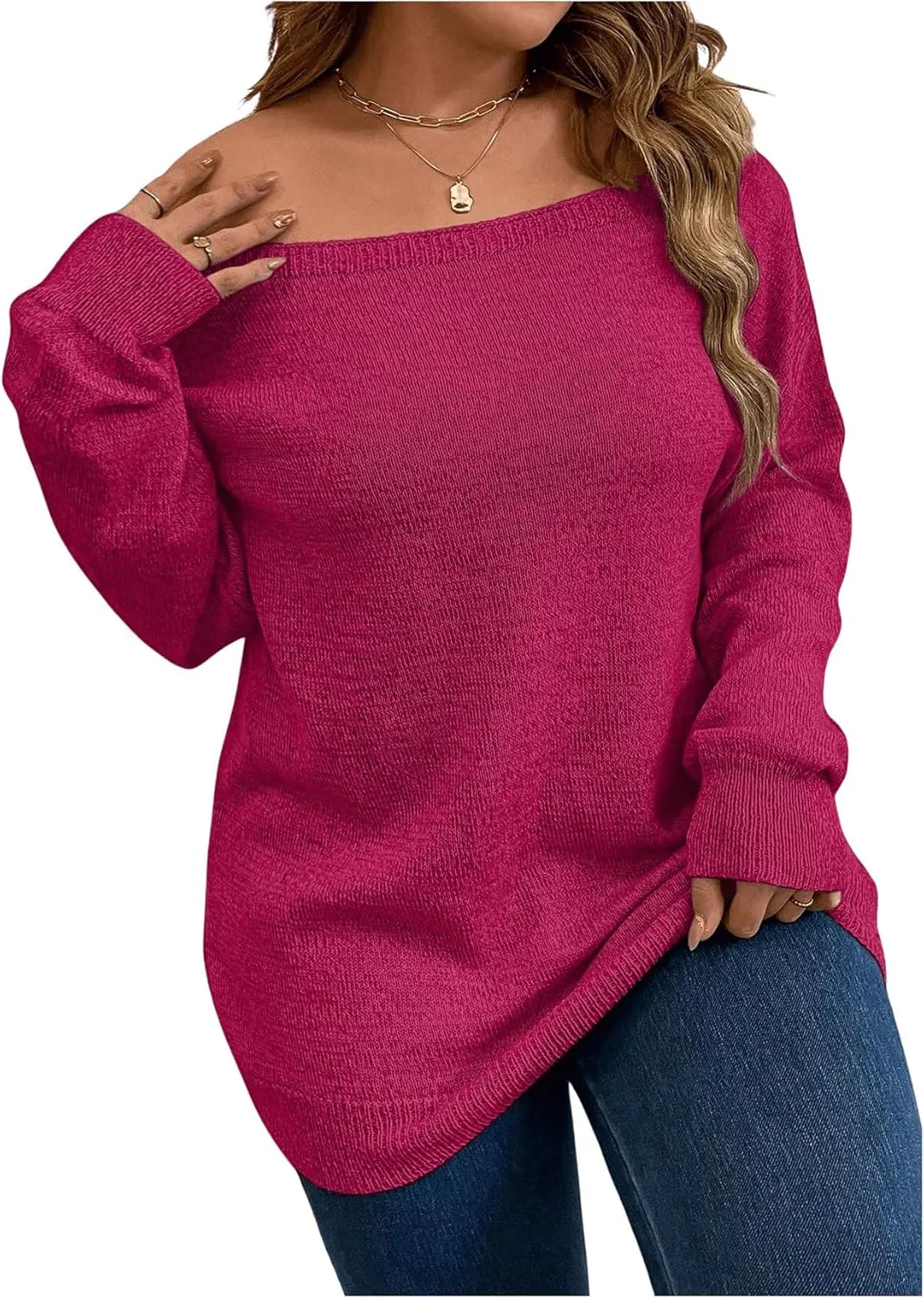 SOLY HUX Women's Plus Size Sweater Off Shoulder Long Sleeve Fall Sweaters Loose Lightweight Pullover Tunic Tops