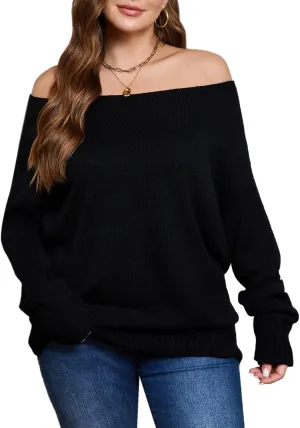 SOLY HUX Women's Plus Size Sweater Off Shoulder Long Sleeve Fall Sweaters Loose Lightweight Pullover Tunic Tops