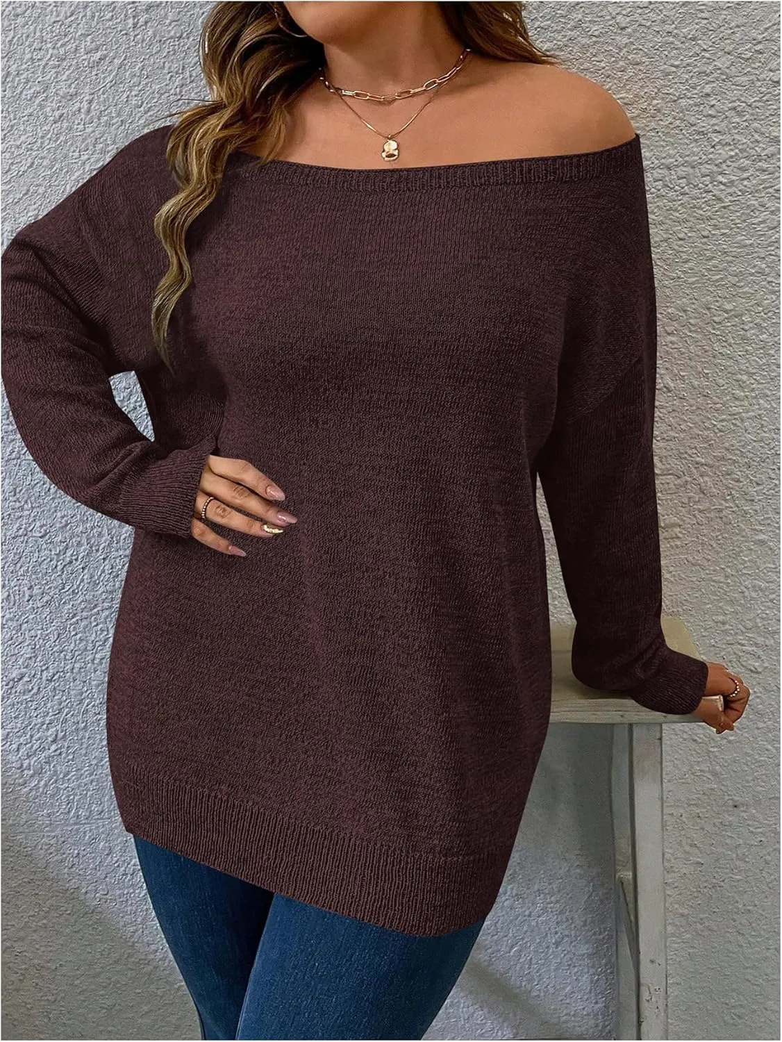 SOLY HUX Women's Plus Size Sweater Off Shoulder Long Sleeve Fall Sweaters Loose Lightweight Pullover Tunic Tops