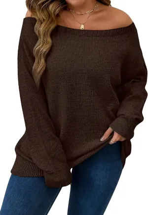 SOLY HUX Women's Plus Size Sweater Off Shoulder Long Sleeve Fall Sweaters Loose Lightweight Pullover Tunic Tops