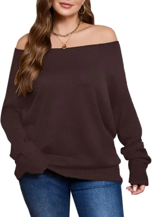 SOLY HUX Women's Plus Size Sweater Off Shoulder Long Sleeve Fall Sweaters Loose Lightweight Pullover Tunic Tops